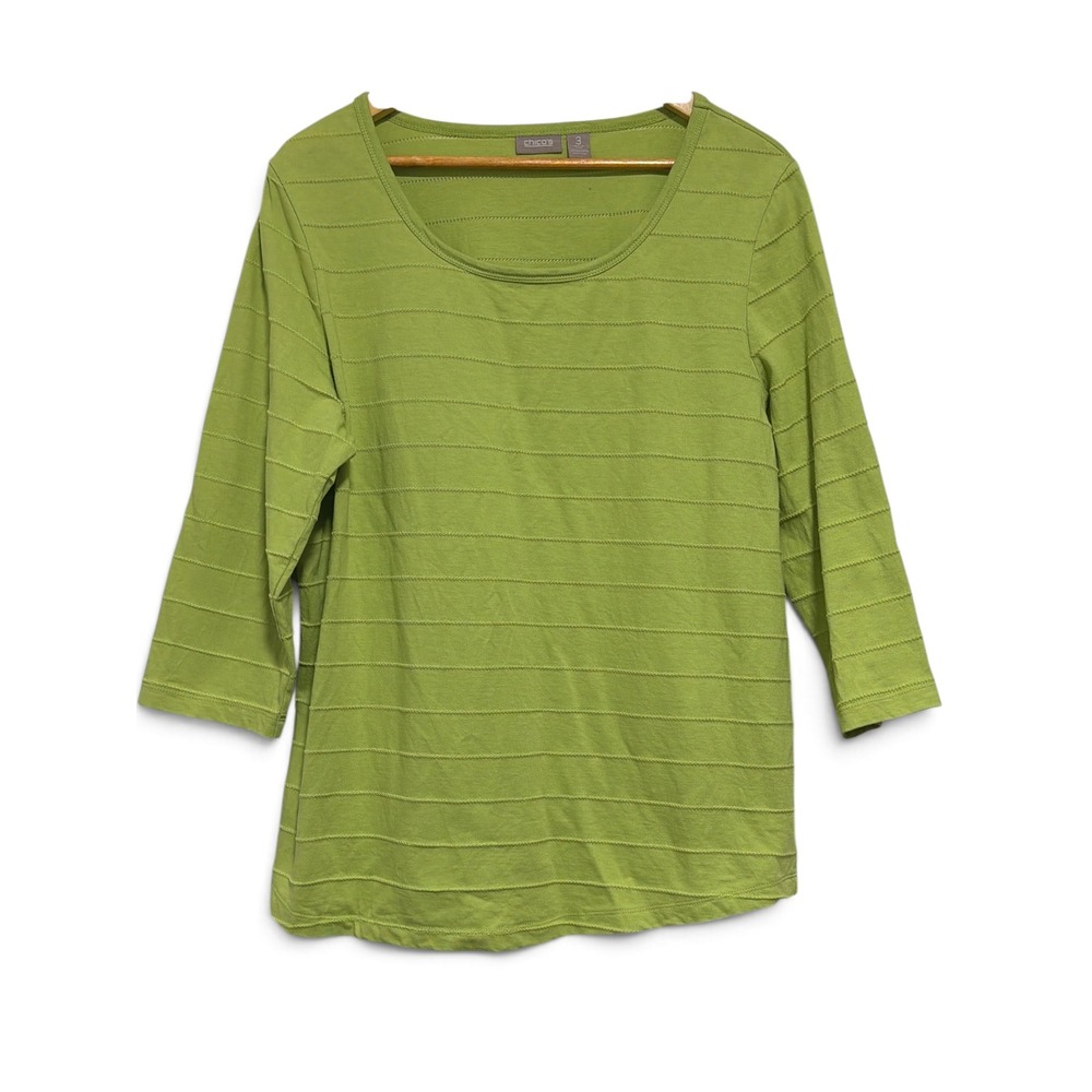 Chicos Lime Green Textured Stripe Scoop Neck 3/4 Sleeve Top Size 3 Large XL
